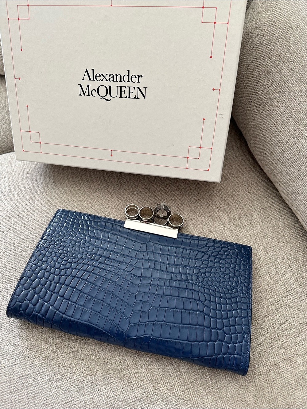 Alexander McQueen Navy Croc-Embossed Knuckle Ring Flat Pouch NWT